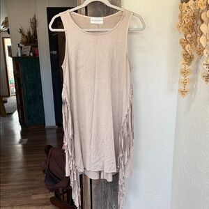 Sleeveless suede Fringe Beige Dress